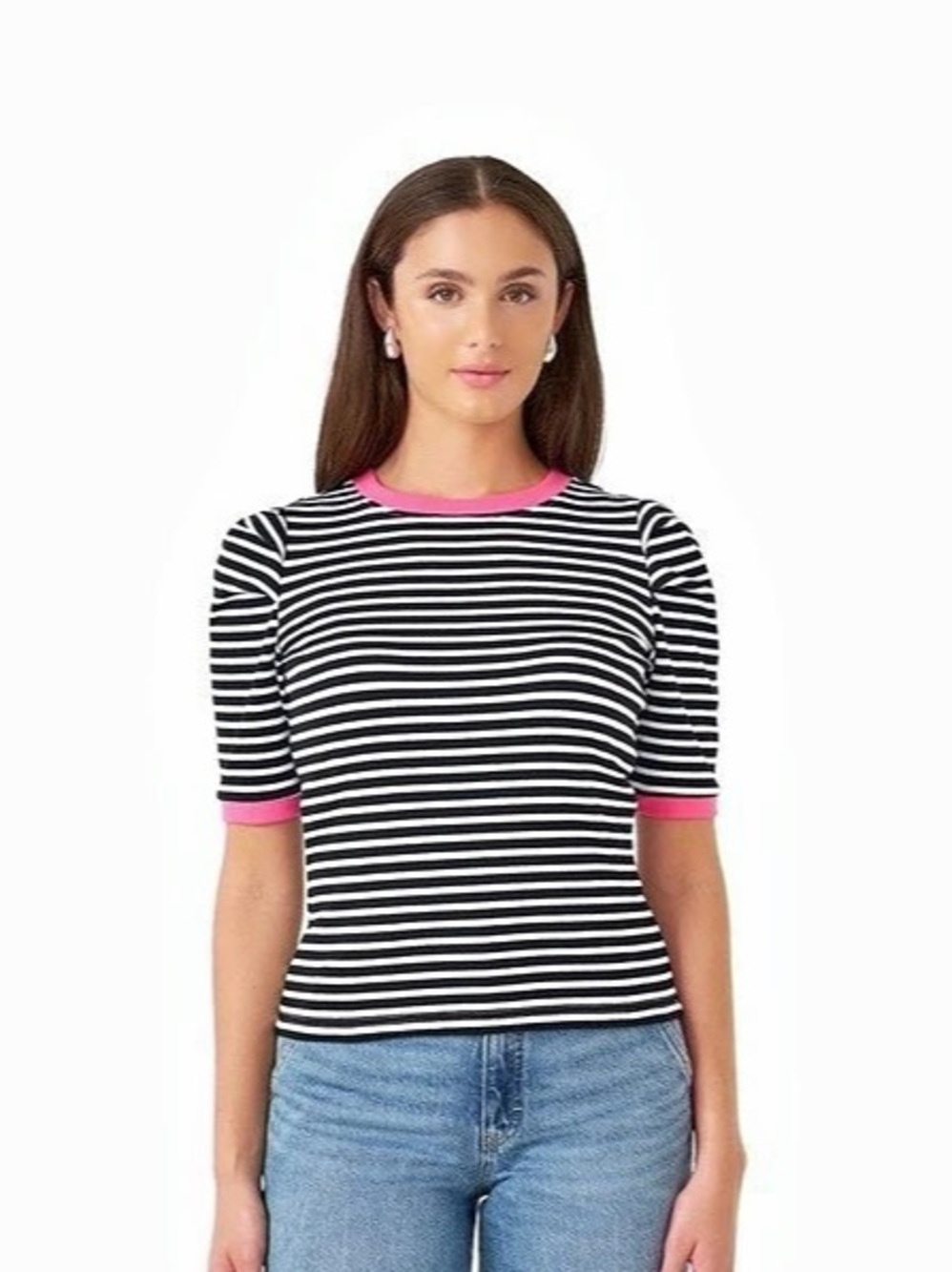 Rebecca Minkoff Puff Sleeve Stripe Rib Top Black & White Medium